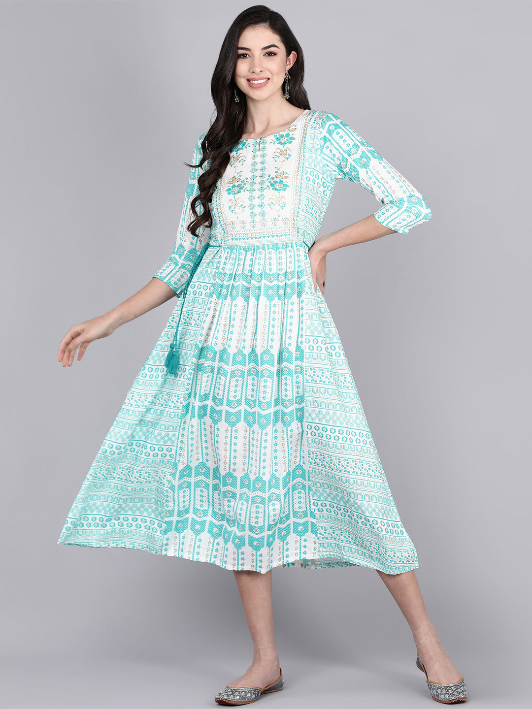 Bani Women Off-Shoulder Womens Floral Printed Dress Aqua