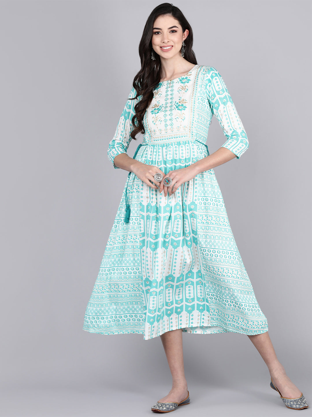 Bani Women Off-Shoulder Womens Floral Printed Dress Aqua