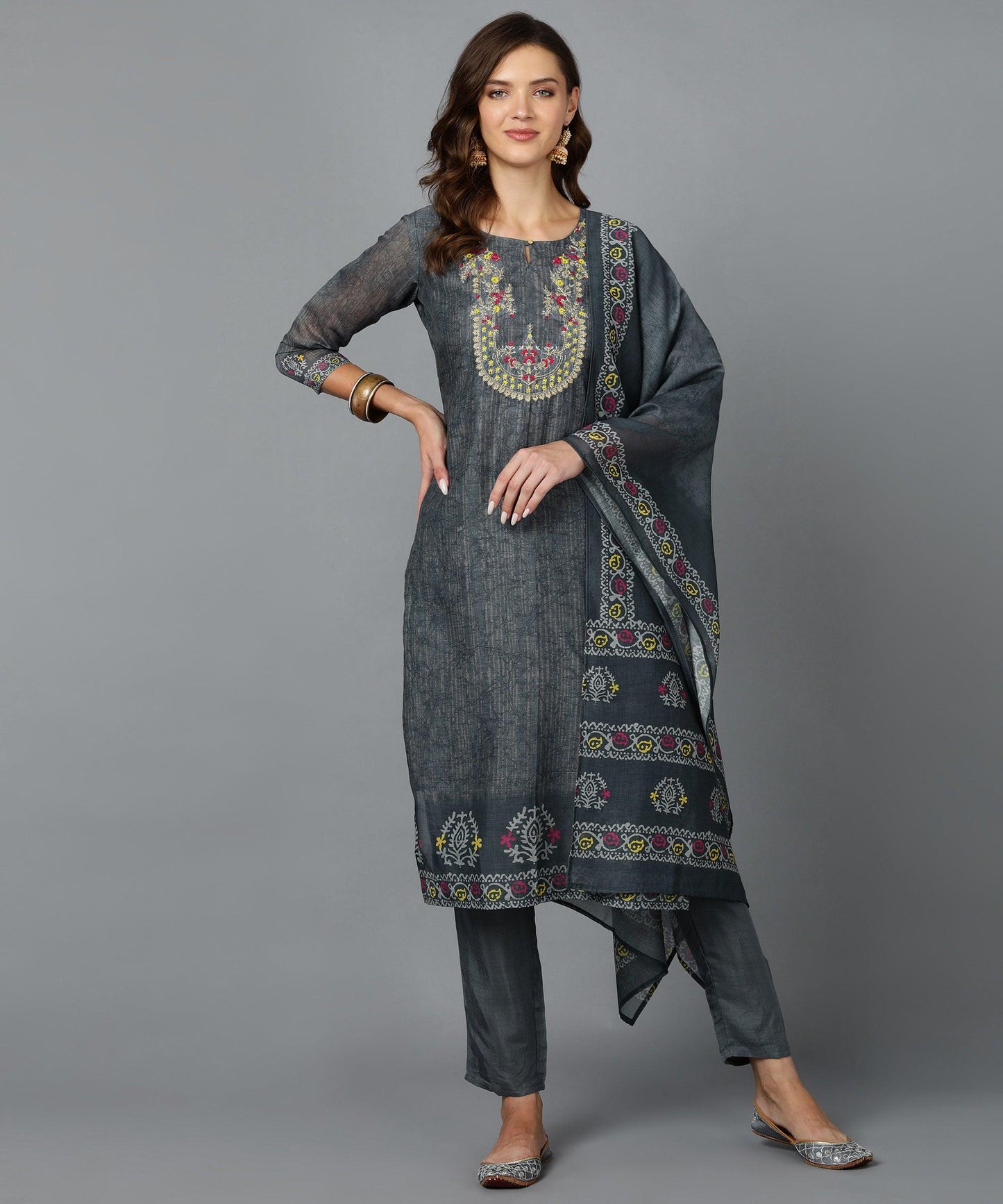 Bani Women Kurta Pant Set with Dupatta Grey