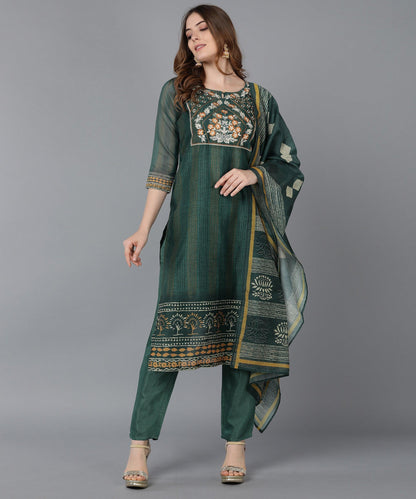 Bani Women Green Ethnic Motifs Chanderi Embroidery Kurta Dupatta Set