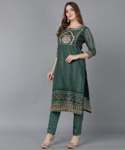 Bani Women Green Ethnic Motifs Chanderi Embroidery Kurta Dupatta Set