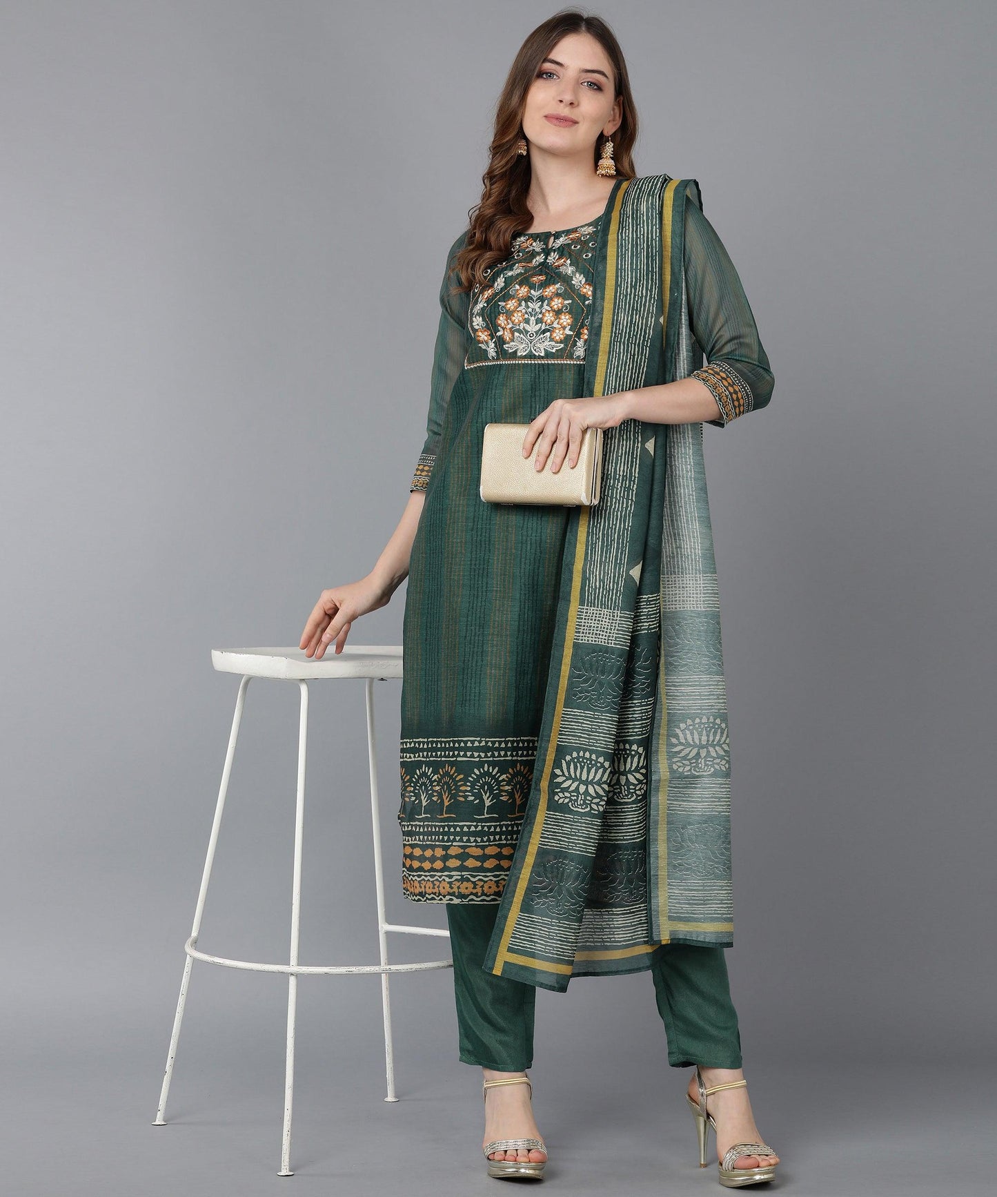 Bani Women Green Ethnic Motifs Chanderi Embroidery Kurta Dupatta Set