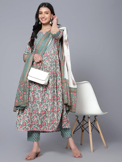 Bani Women Floral Printed Pleated Sequinned Pure Cotton Kurta with Trousers & with Dupatta