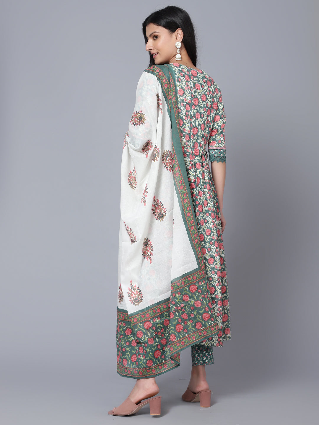 Bani Women Floral Printed Pleated Sequinned Pure Cotton Kurta with Trousers &amp; with Dupatta