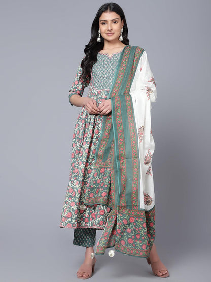 Bani Women Floral Printed Pleated Sequinned Pure Cotton Kurta with Trousers & with Dupatta