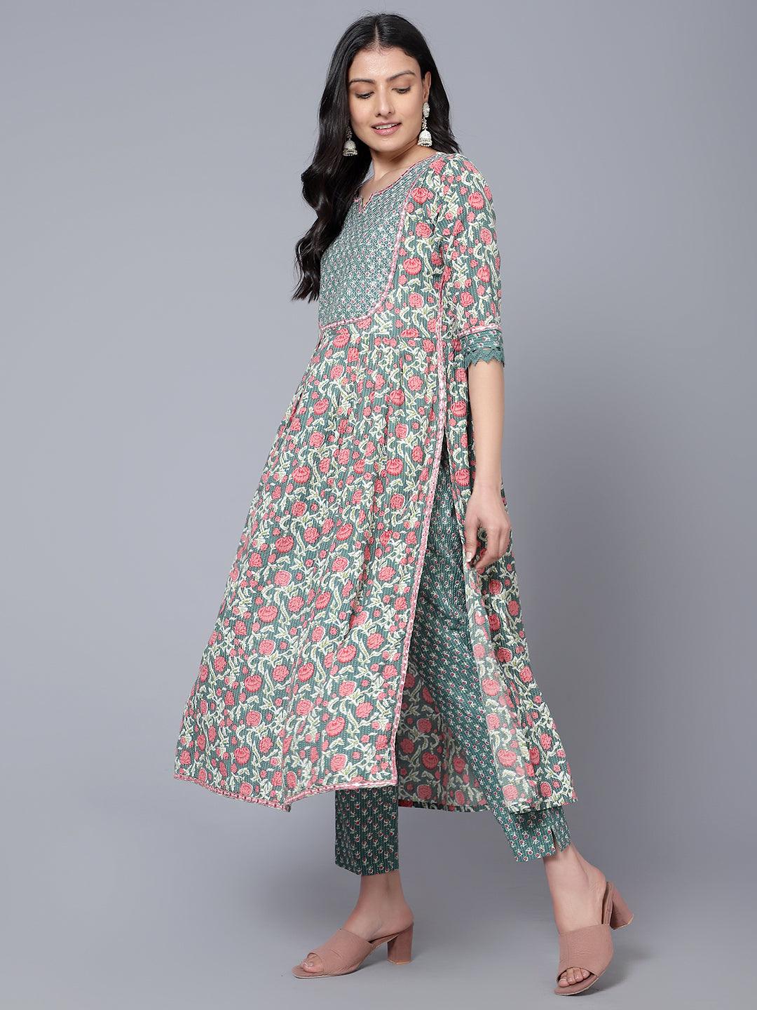 Bani Women Floral Printed Pleated Sequinned Pure Cotton Kurta with Trousers & with Dupatta