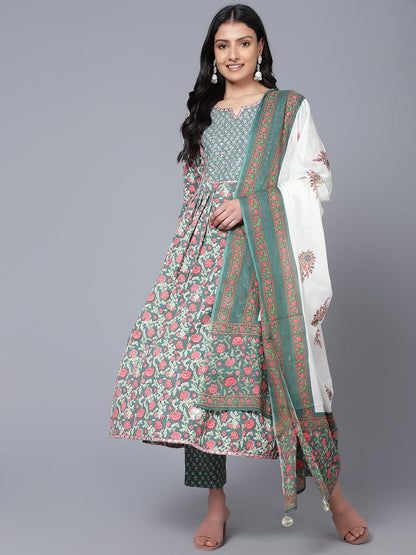 Bani Women Floral Printed Pleated Sequinned Pure Cotton Kurta with Trousers & with Dupatta