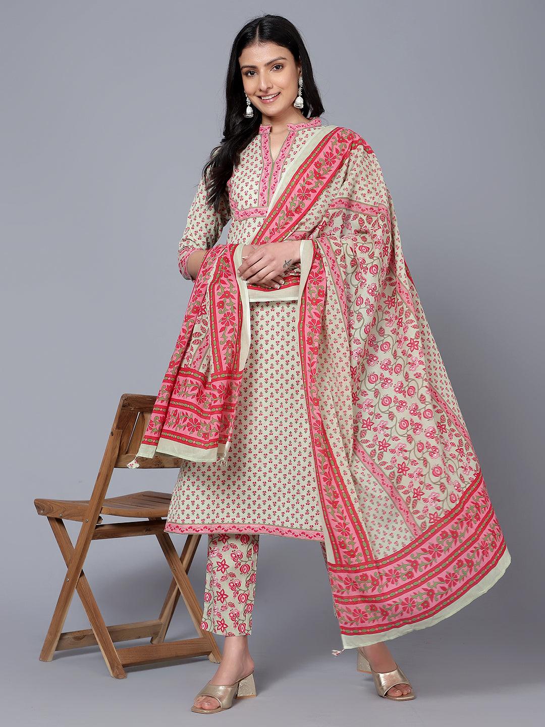 Bani Women Floral Printed Pure Cotton Kurt with Trousers & with Dupatta