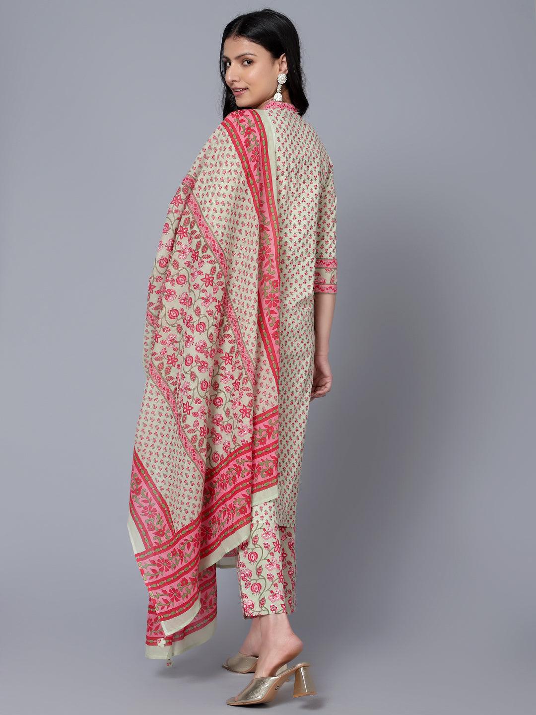 Bani Women Floral Printed Pure Cotton Kurt with Trousers & with Dupatta