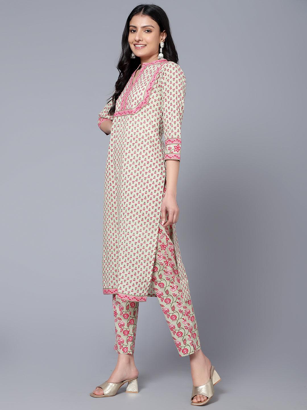 Bani Women Floral Printed Pure Cotton Kurt with Trousers & with Dupatta