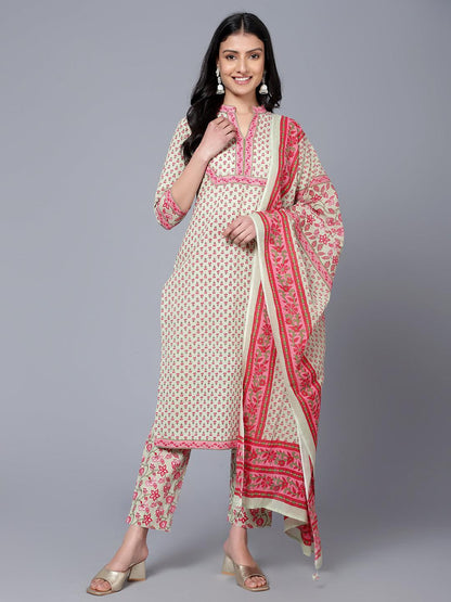 Bani Women Floral Printed Pure Cotton Kurt with Trousers & with Dupatta