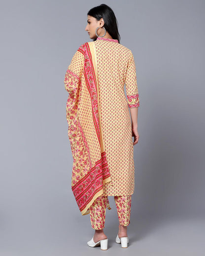 Bani Women Yellow Printed Pure Cotton Kurta with Trousers & With Dupatta