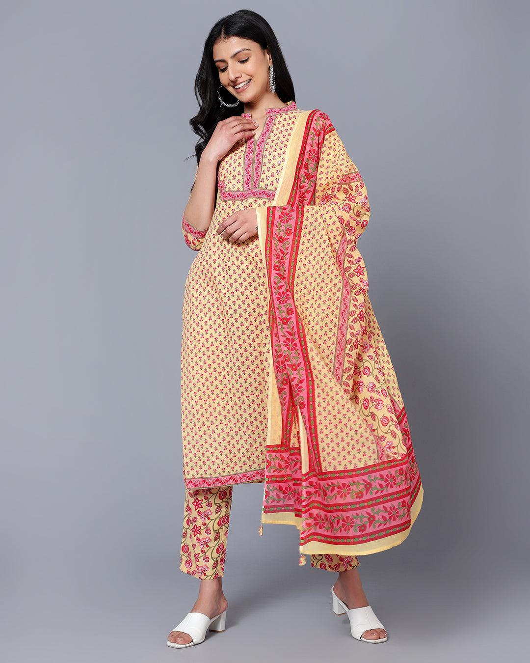 Bani Women Yellow Printed Pure Cotton Kurta with Trousers & With Dupatta