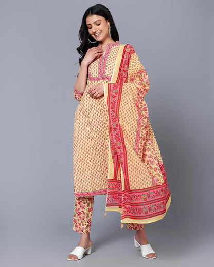 Bani Women Yellow Printed Pure Cotton Kurta with Trousers & With Dupatta