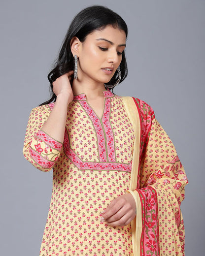 Bani Women Yellow Printed Pure Cotton Kurta with Trousers & With Dupatta