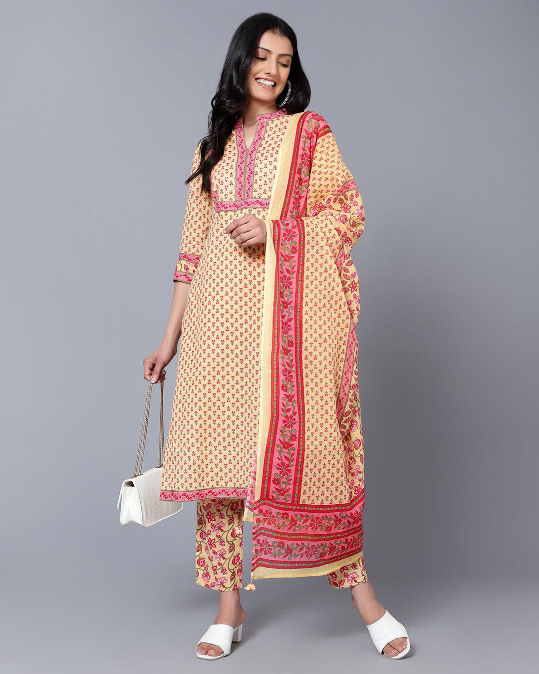 Bani Women Yellow Printed Pure Cotton Kurta with Trousers & With Dupatta