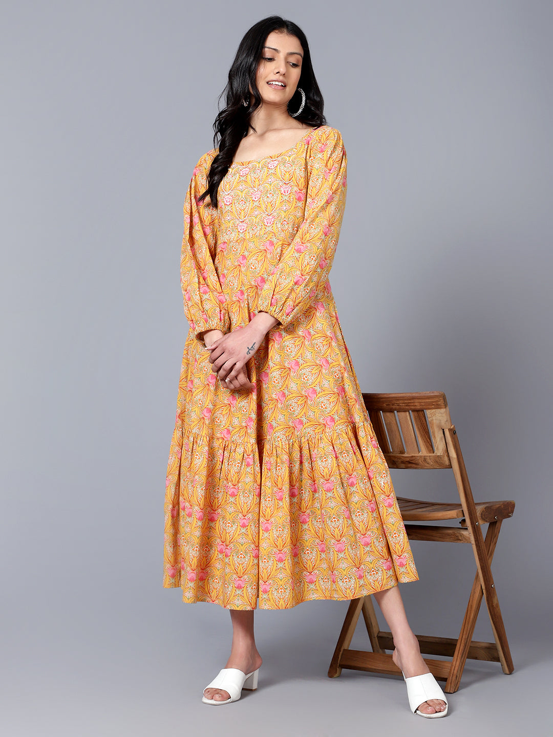 Bani Women Off-Shoulder Womens Floral Printed Dress Yellow