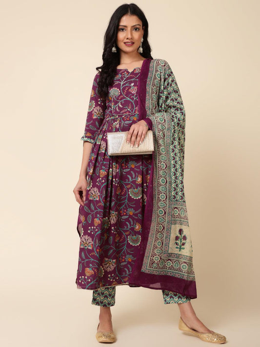 Purple Hues Printed Nyra Cut Kurta Dupatta Suits Set