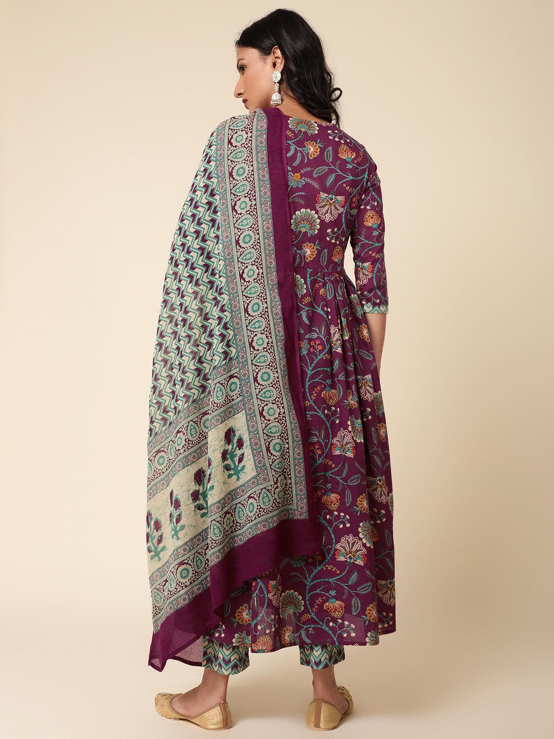 Purple Hues Printed Nyra Cut Kurta Dupatta Suits Set