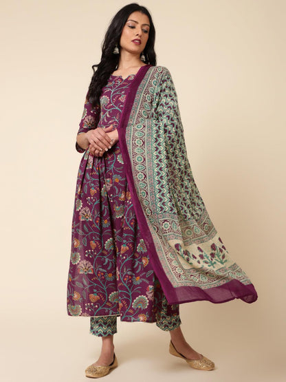 Purple Hues Printed Nyra Cut Kurta Dupatta Suits Set