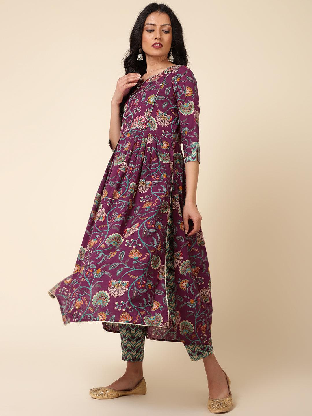 Purple Hues Printed Nyra Cut Kurta Dupatta Suits Set