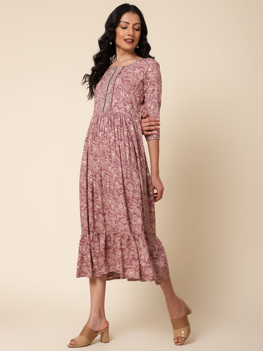 Bani Women Off-Shoulder Womens Floral Printed Dress Mauve