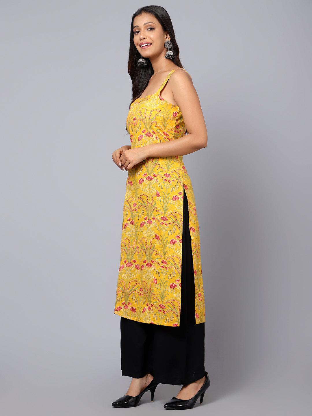 Bani Women Womens Printed Cut Sleeve Kurti with Adjuster Yellow