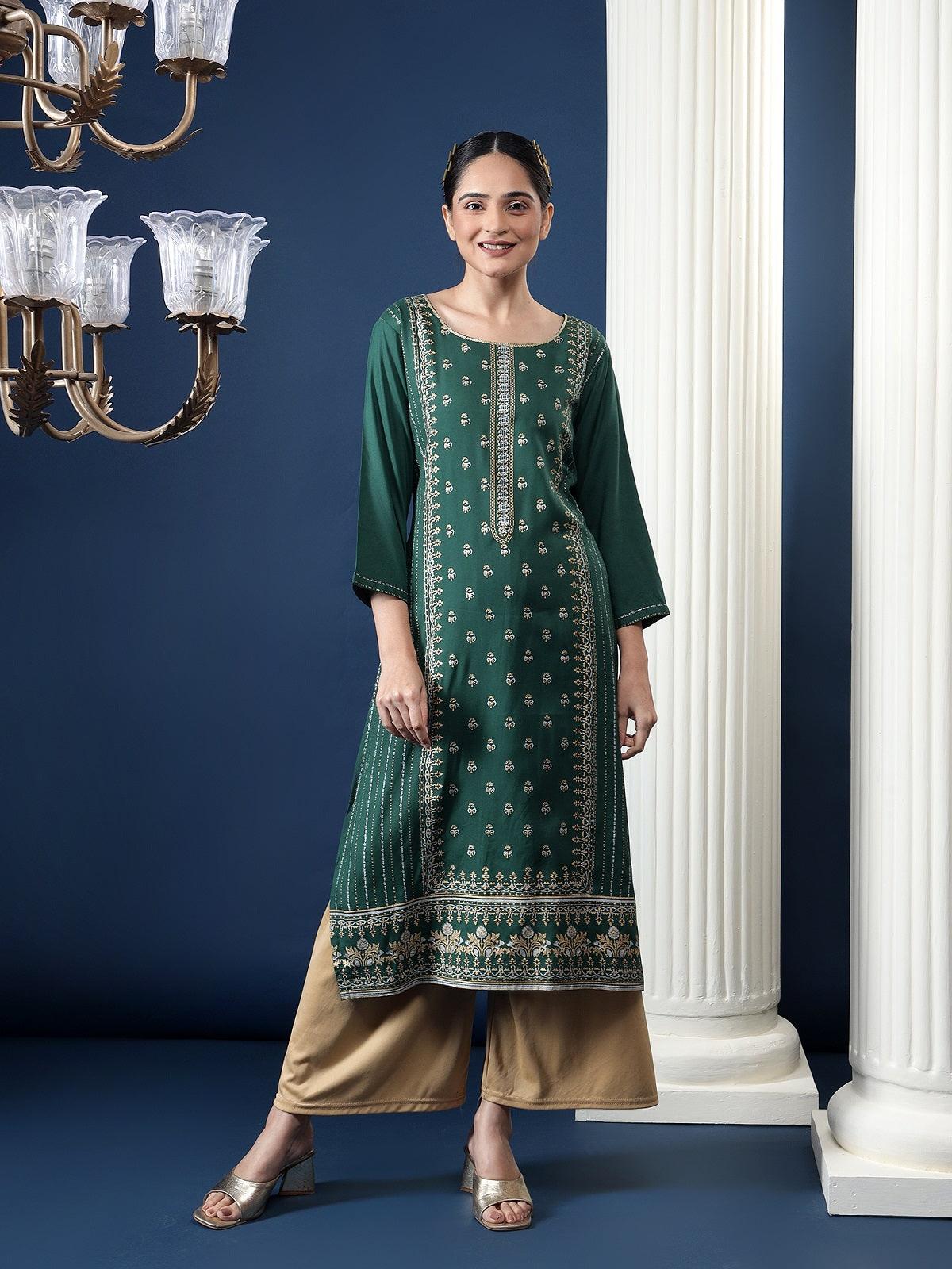 Women Casual Printed Kurti Green