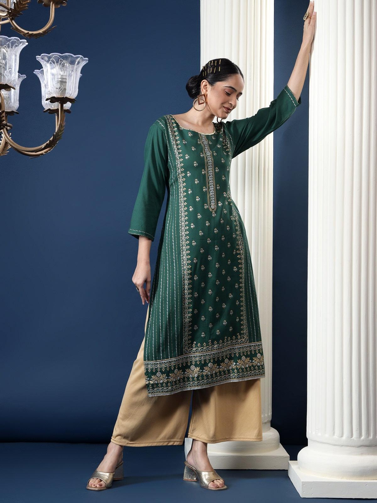 Women Casual Printed Kurti Green