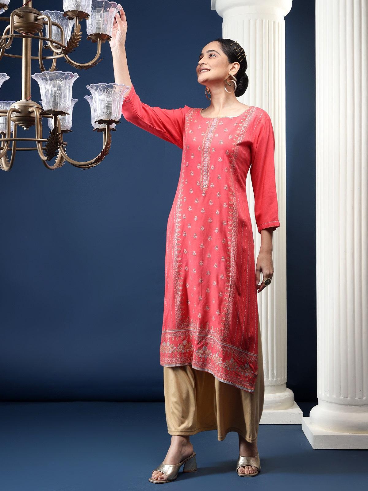 Women Casual Printed Kurti Pink