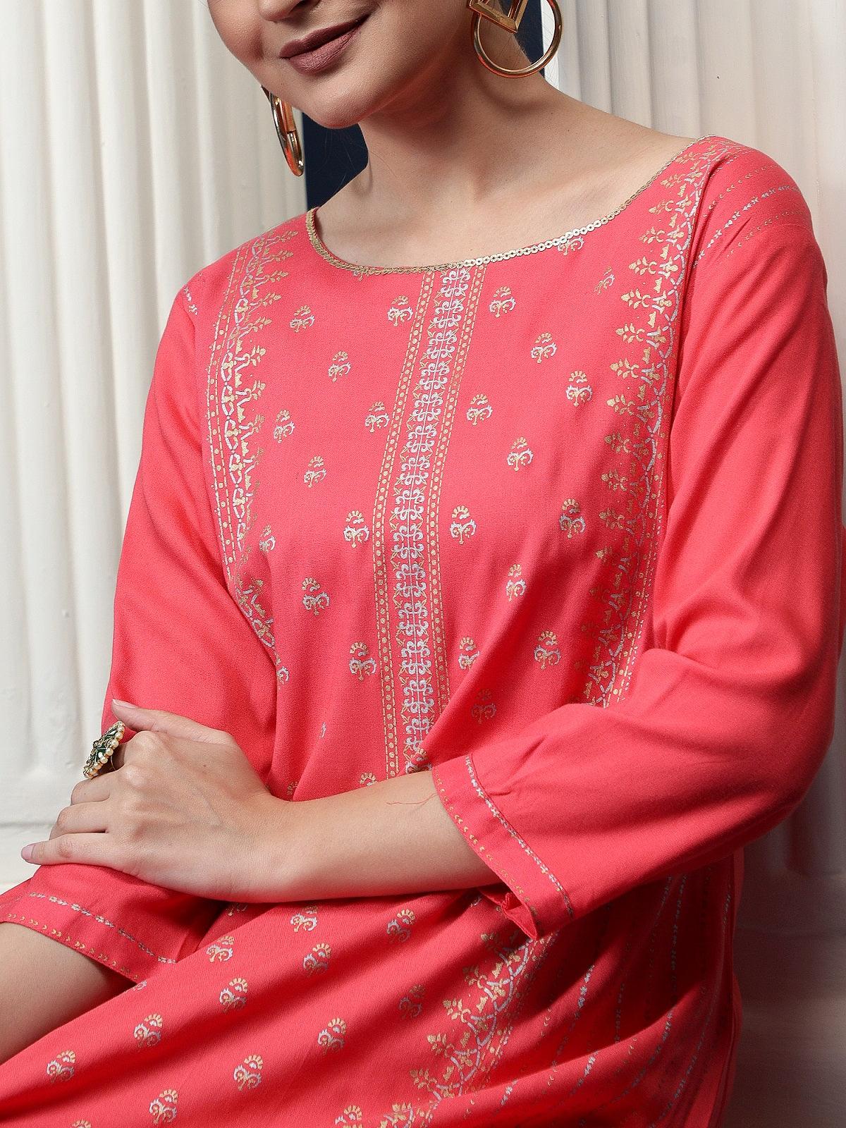 Women Casual Printed Kurti Pink