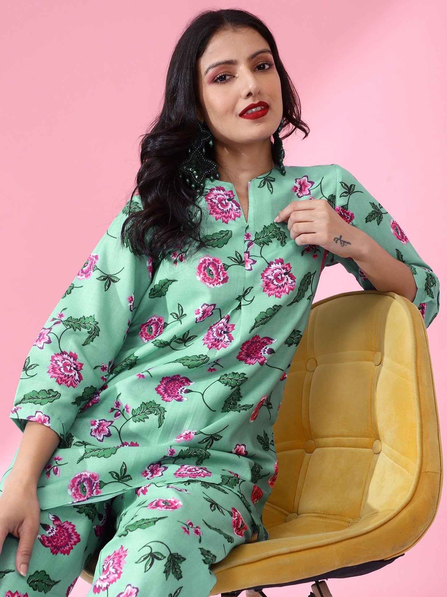 Women Floral Printed Regular Co-Ord Set-Green