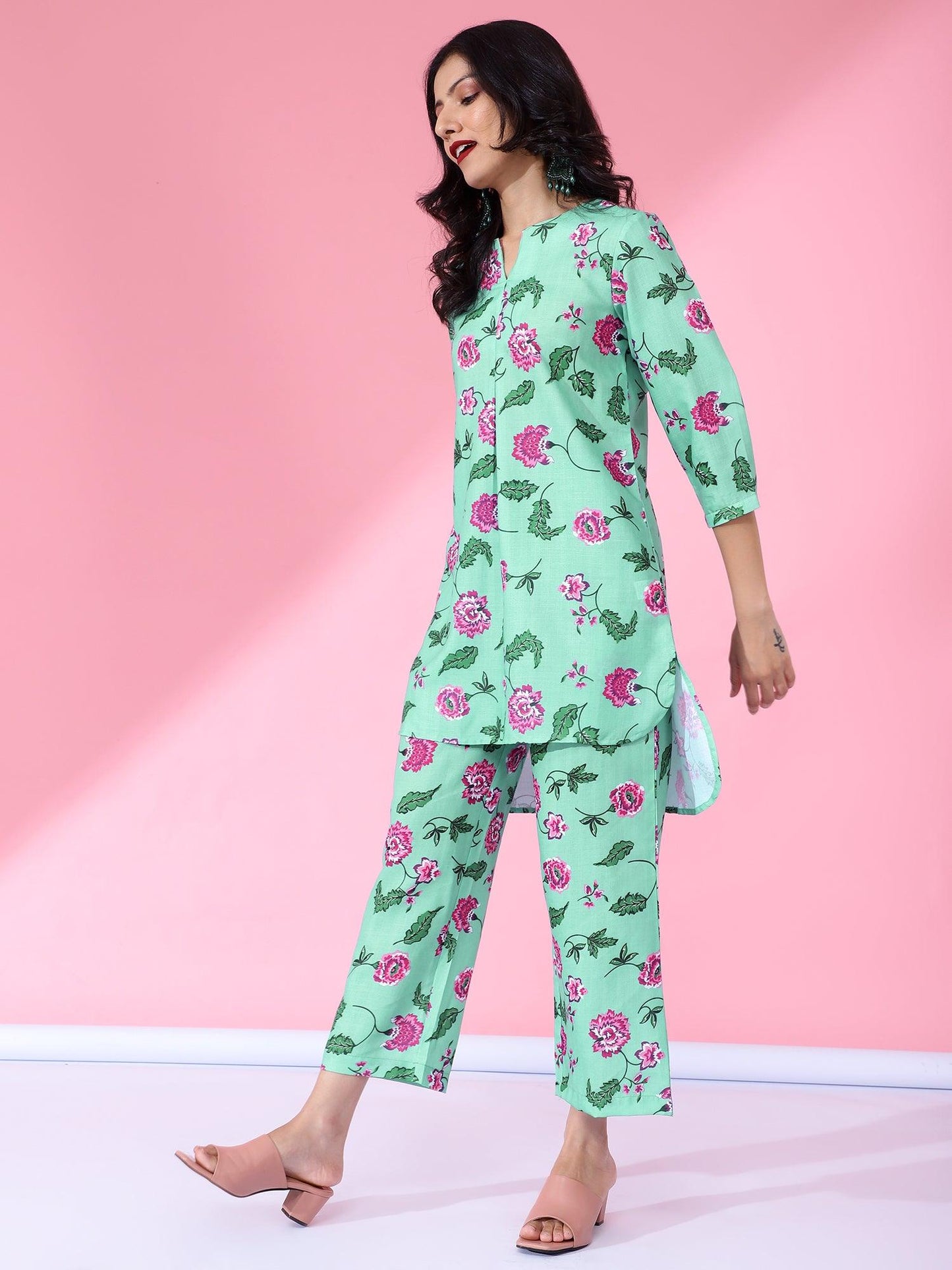 Women Floral Printed Regular Co-Ord Set-Green