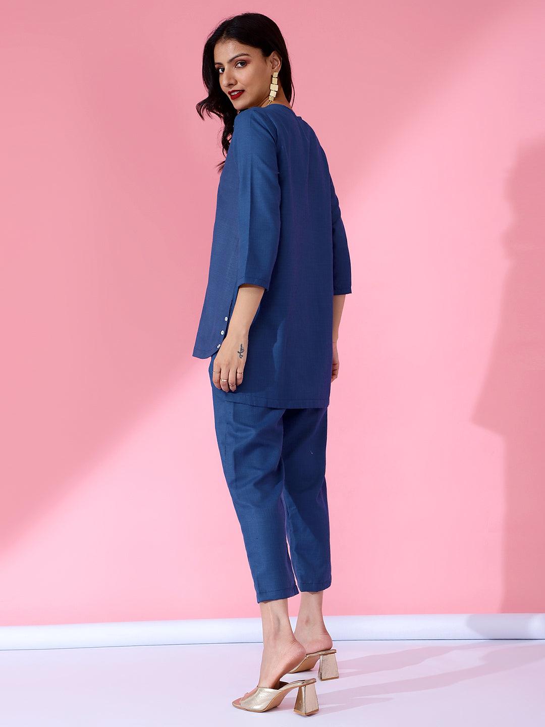 Embroidered Women Embroided Co-Ord Set Blue