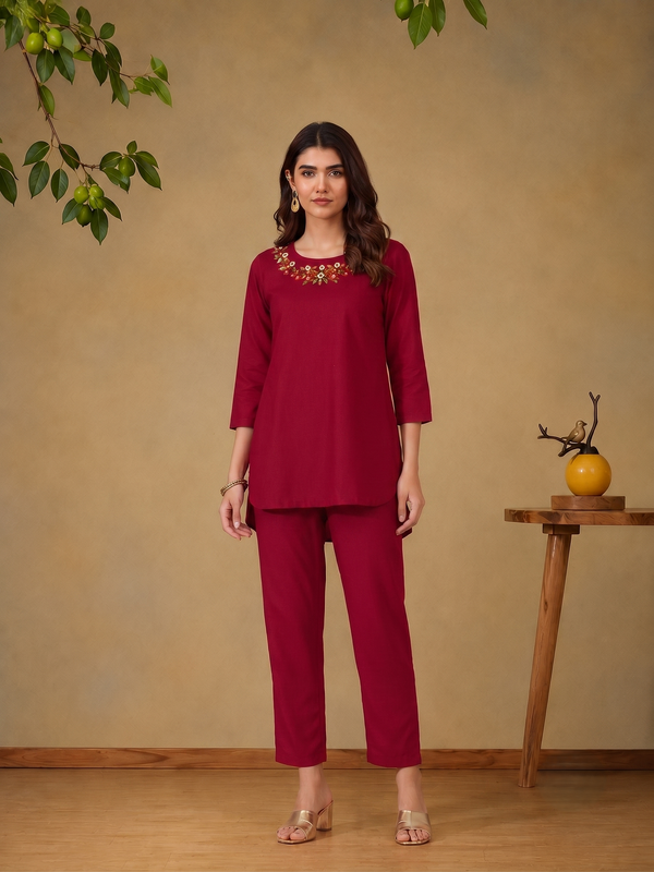 Floral Embroidered Tunic With Trousers
