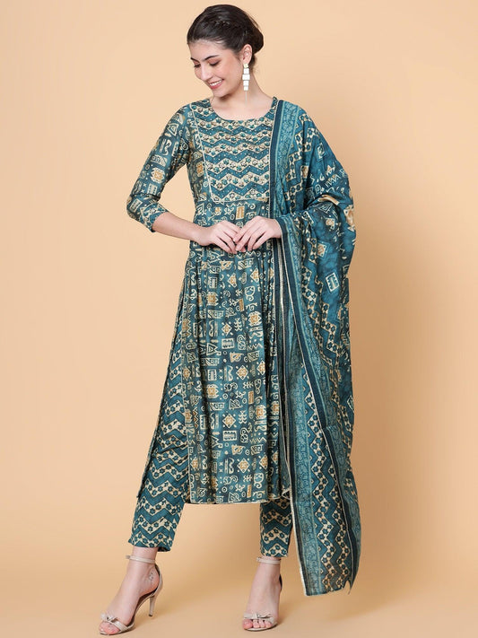 Teal Chanderi Silk Ethnic Kurta Dupatta Set