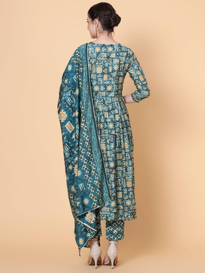 Teal Cotton Blend Geometric Kurta Dupatta Set