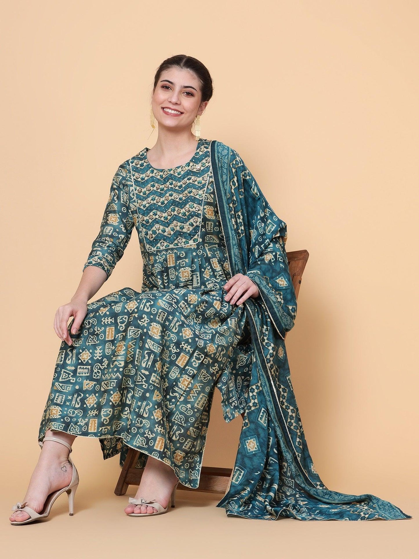 Teal Cotton Blend Geometric Kurta Dupatta Set