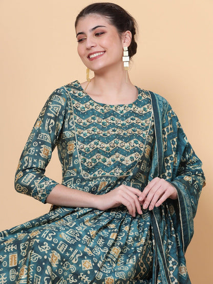 Teal Cotton Blend Geometric Kurta Dupatta Set