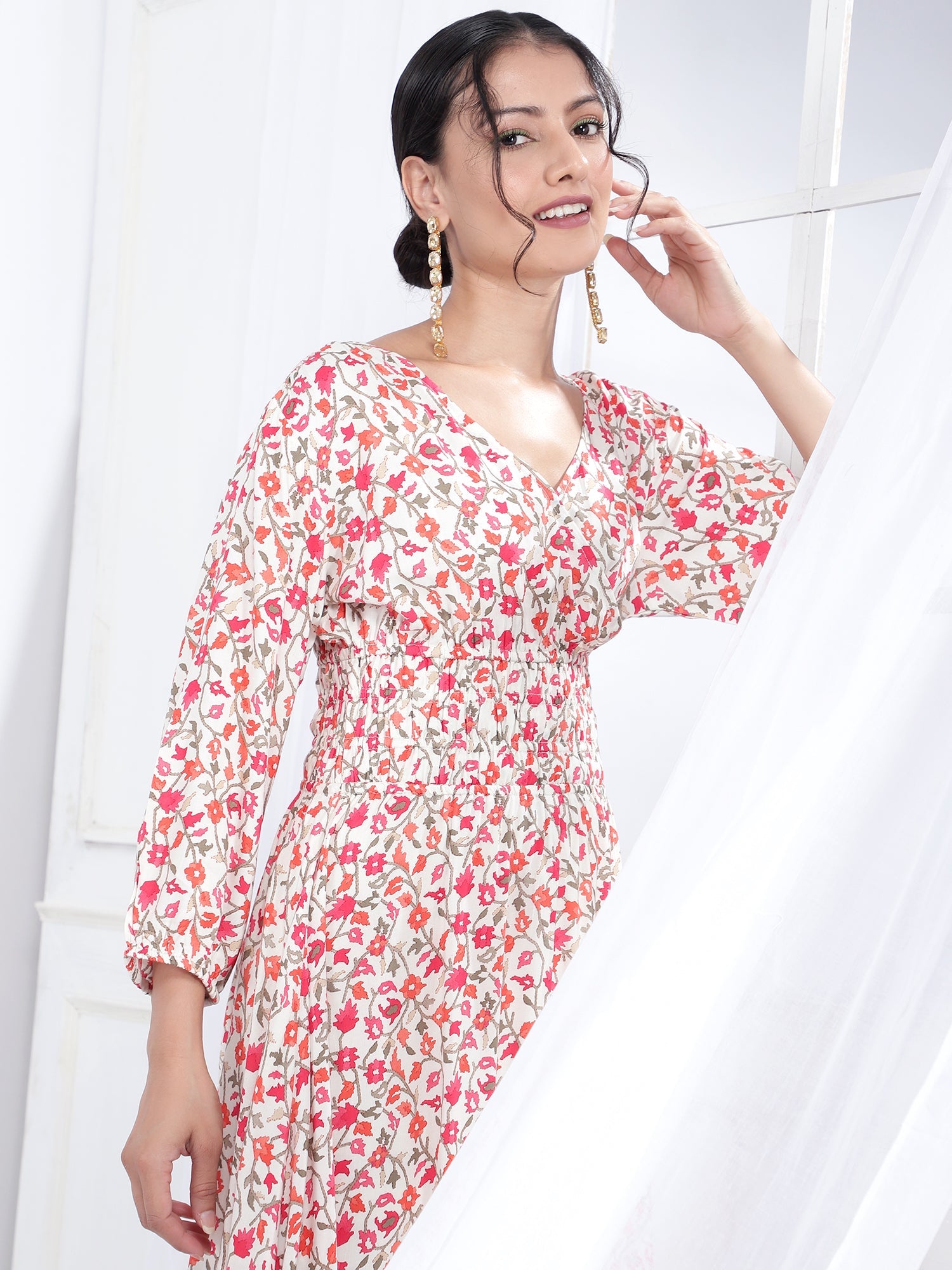Bani Women Off-Shoulder Womens Floral Printed Dress Pink