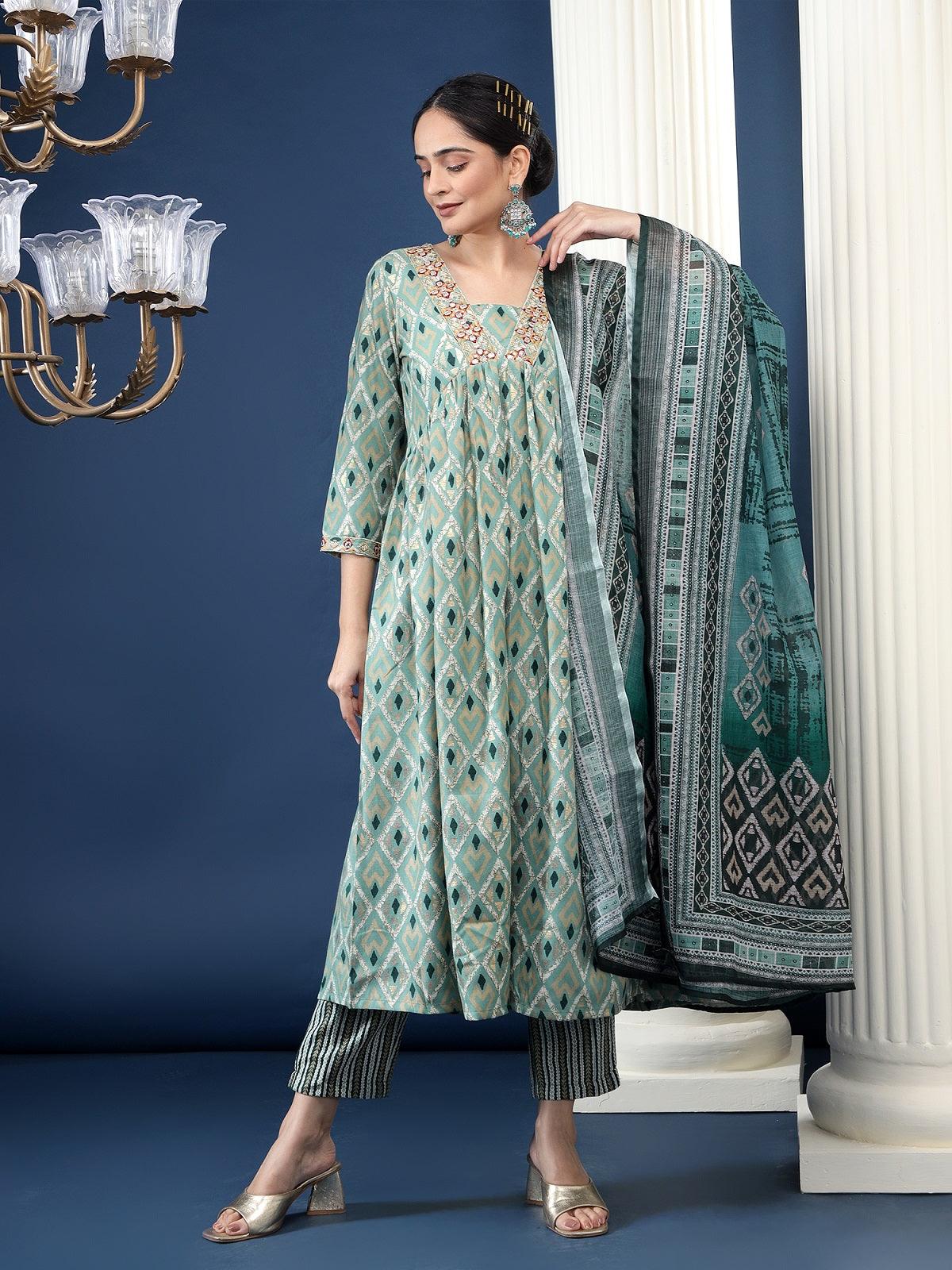 Green Printed Cotton Blend Geometric Kurta Dupatta Set