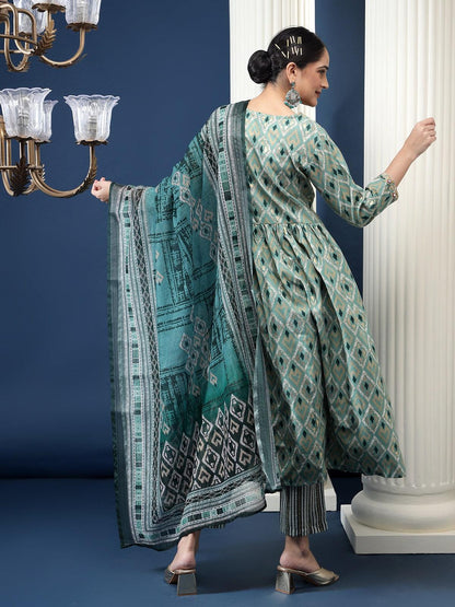 Green Printed Cotton Blend Geometric Kurta Dupatta Set