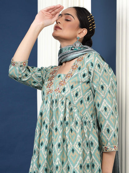 Green Printed Cotton Blend Geometric Kurta Dupatta Set