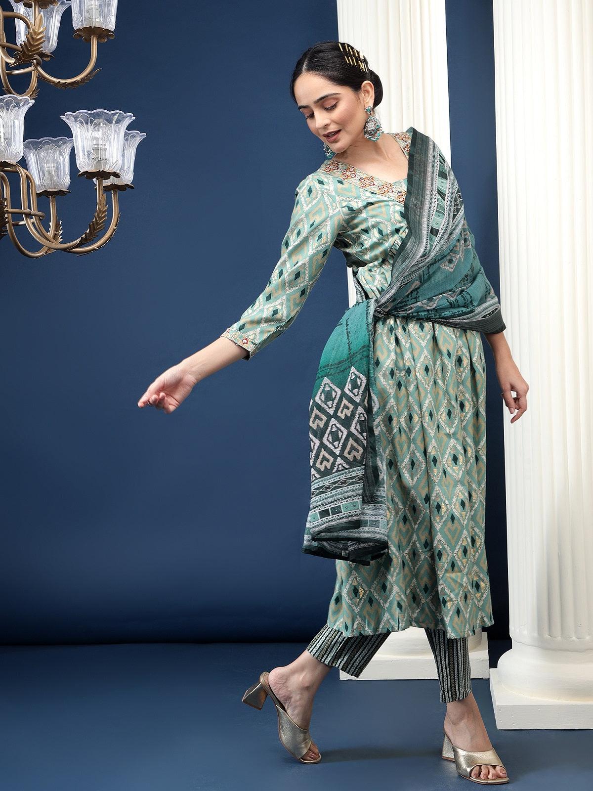 Green Printed Cotton Blend Geometric Kurta Dupatta Set