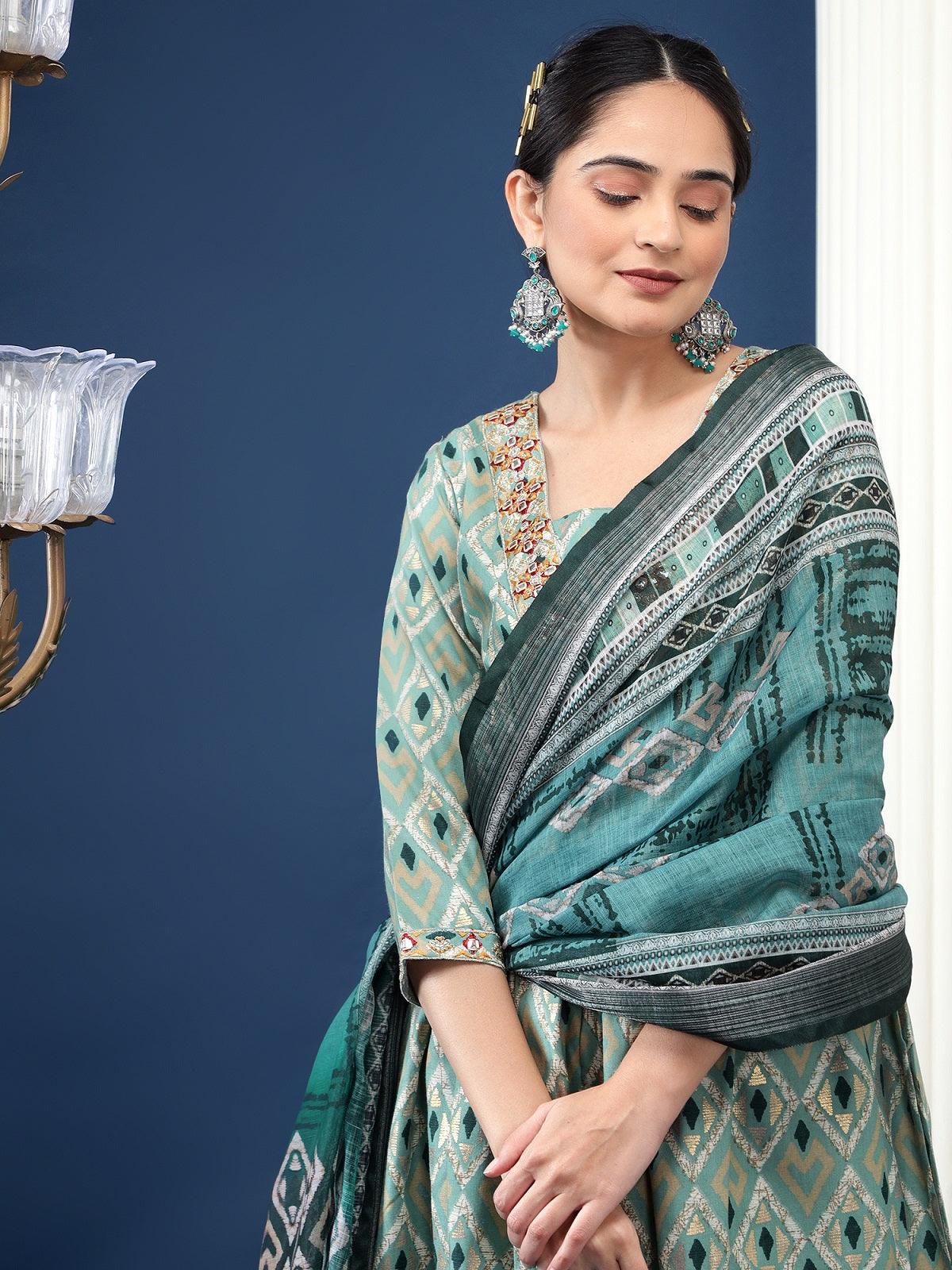 Green Printed Cotton Blend Geometric Kurta Dupatta Set