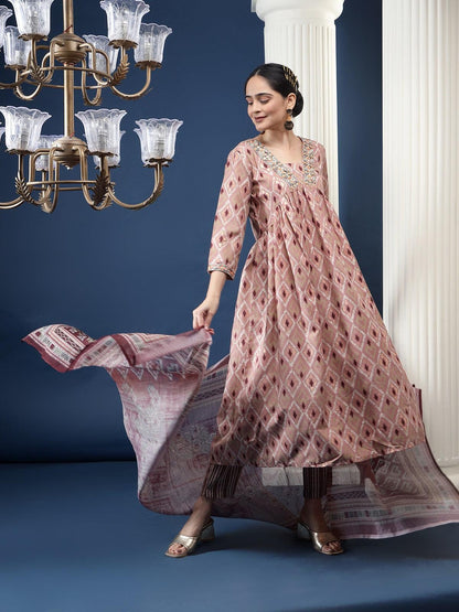 Pink Printed Cotton Blend Geometric Kurta Dupatta Set