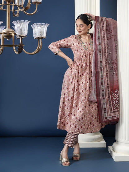 Pink Printed Cotton Blend Geometric Kurta Dupatta Set