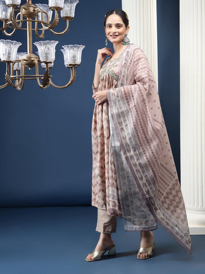 Rust Printed Geometric Kurta Dupatta Set