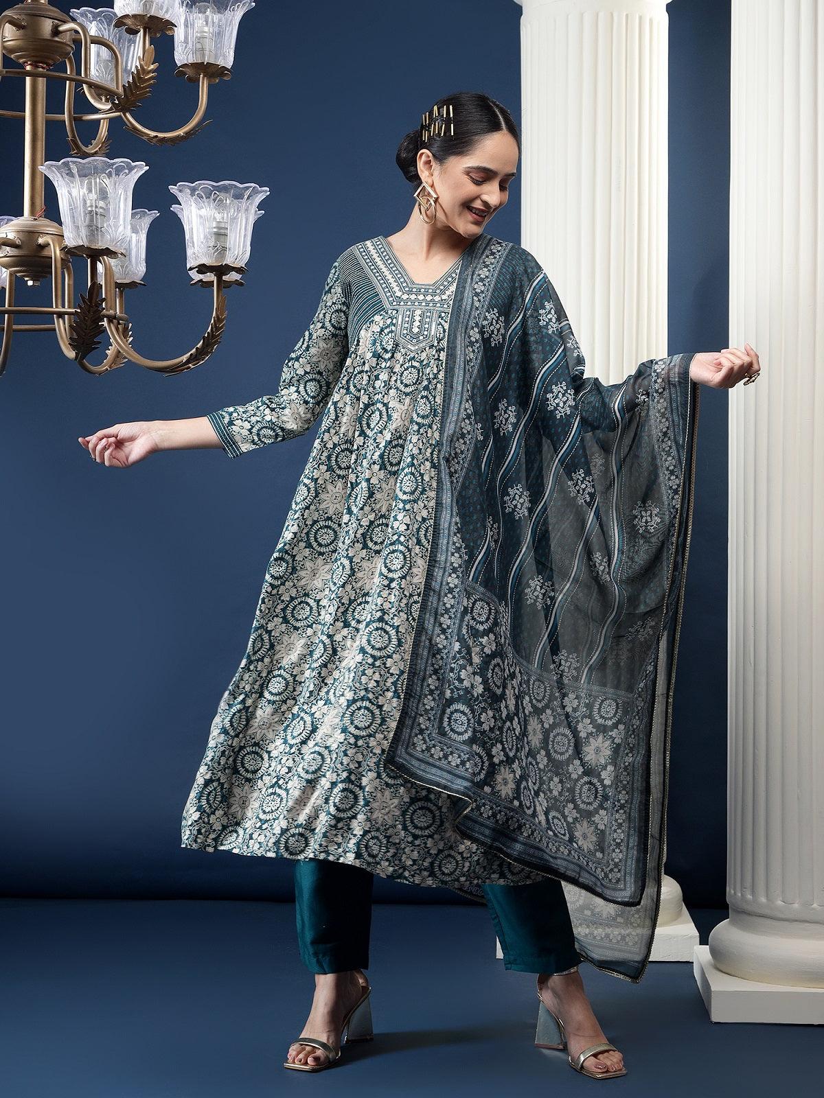 Viscos Rayon Teal Women Printed Kurta Dupatta Set