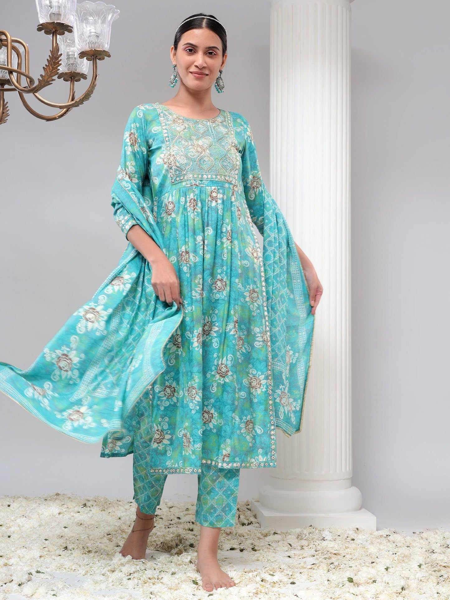 Blue Embroidered Kurta with Trousers & Dupatta Set